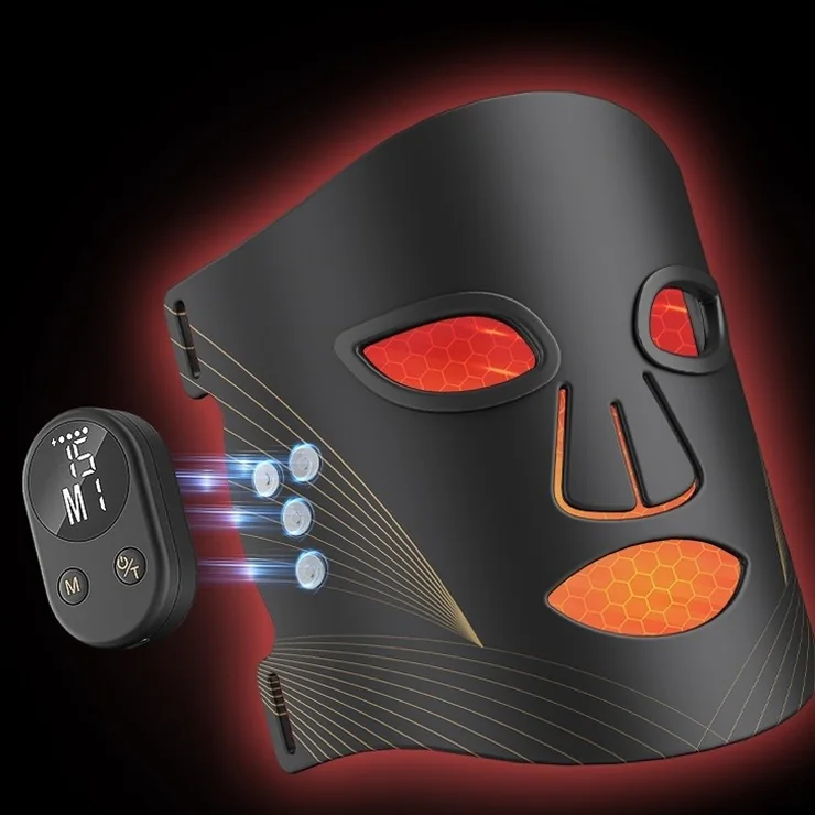 The black mask lit red, with the magnetic remote lifting off its side